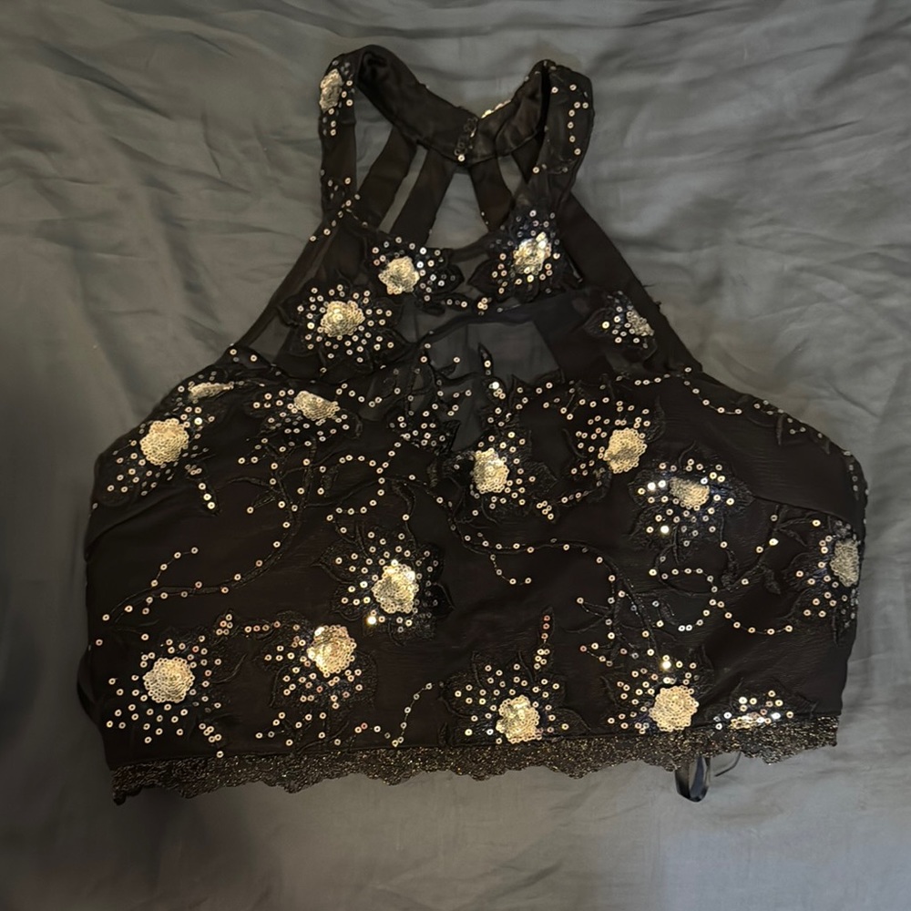 2 Piece Navy Dress Black Halter Top with Silver Floral Embellishments